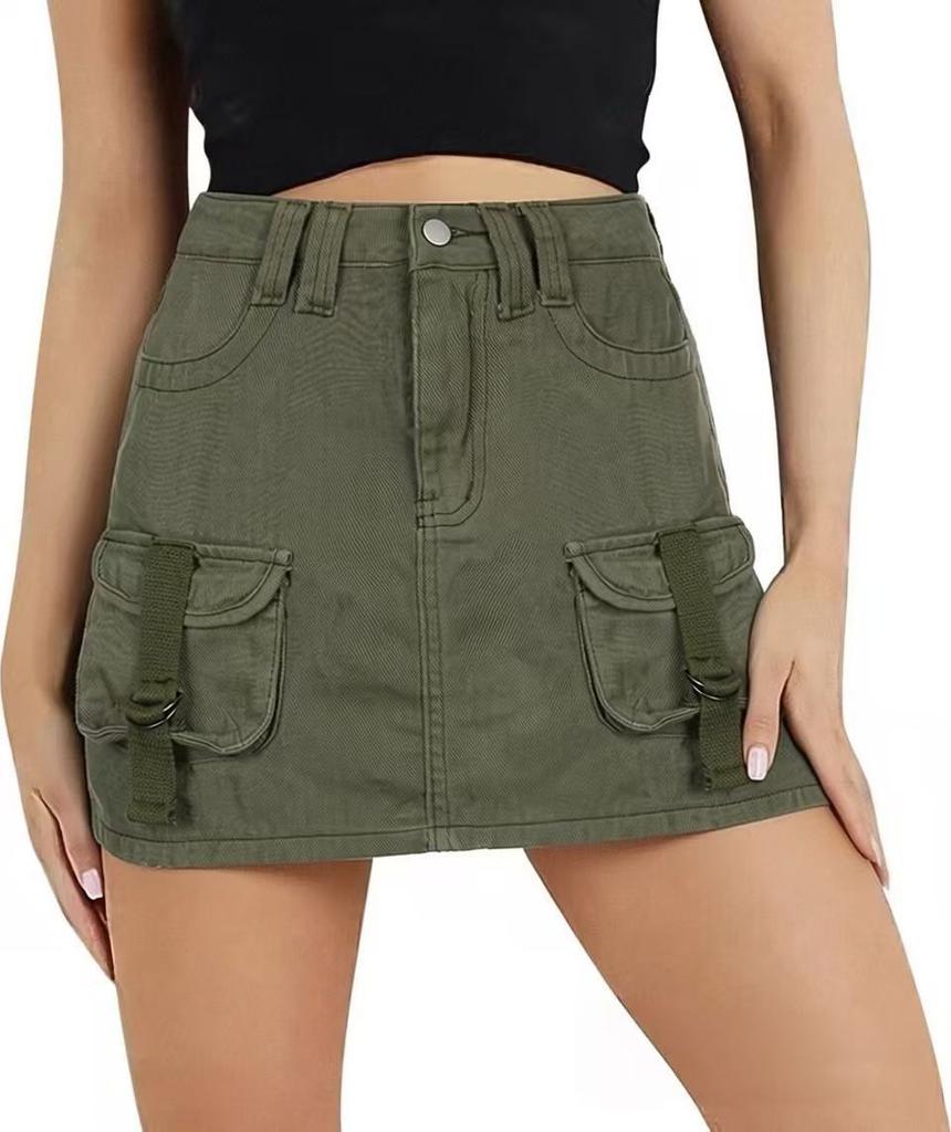 Women Casual Low Waist Slim Fit Mini Skirt with Utility Pockets Belt Loops and Front Button Closure Suitable for Daily Wear