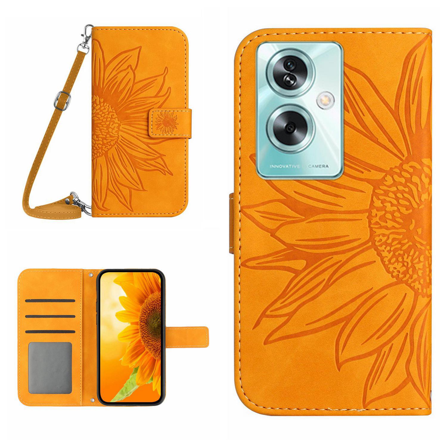 

HT04 For Oppo Reno11 F 5G/F25 Pro 5G Case with Shoulder Strap Sunflower PU Leather Flip Phone Cover Yellow