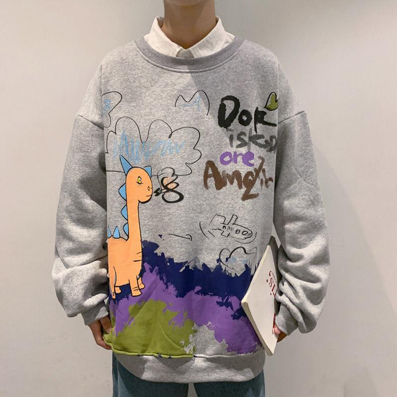 

2023 Новая весенне-осенняя мода Граффити принт Универсальный круглый вырез Свободный Повседневный Модный знак Корейский Оверсайз Мужской свитер S серый