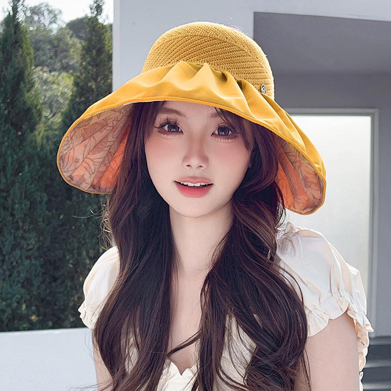 

Женская летняя шляпа-панама с открытым верхом, с бантом, с большими полями, шляпа-ведро, пляжная шляпа от солнца с УФ-защитой Velcro (56-60CM) brim 12CM