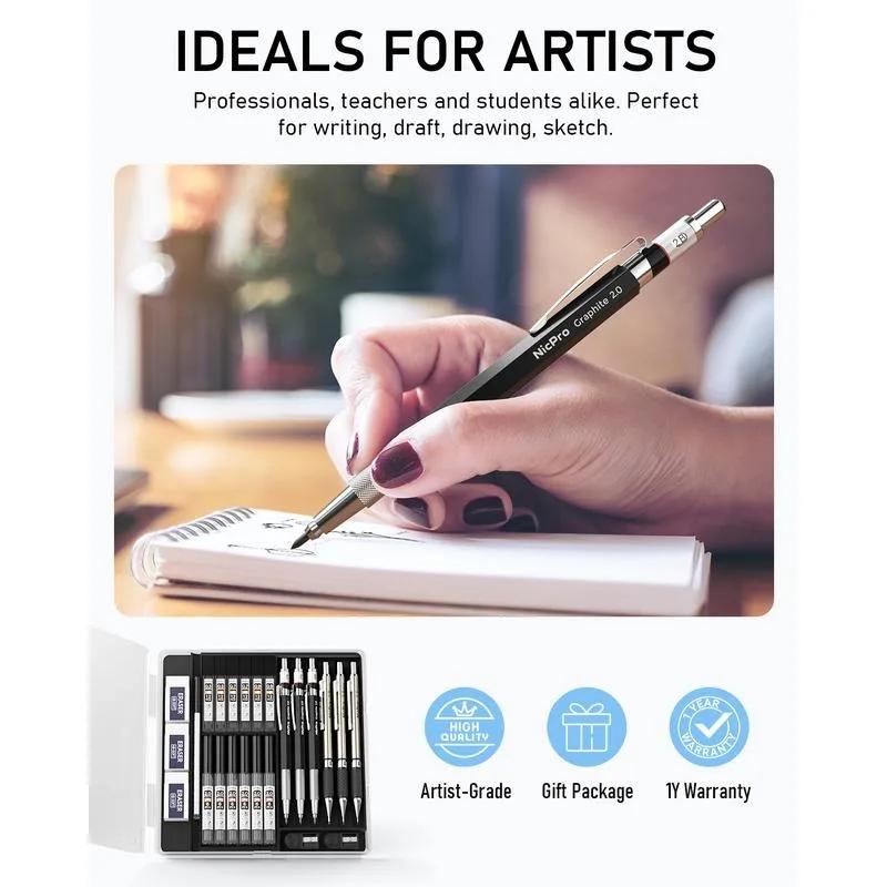 Sada 6 ks uměleckých mechanických tužek 3 ks kovová rýsovací tužka 0,5 mm 0,7 mm 0,9 mm 3 ks držák grafitových tuh 2 mm 2