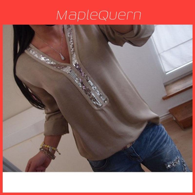 Elegant Womens Long Sleeve Sequins V-neck Tops Blouse With Casual Plus Size Fit