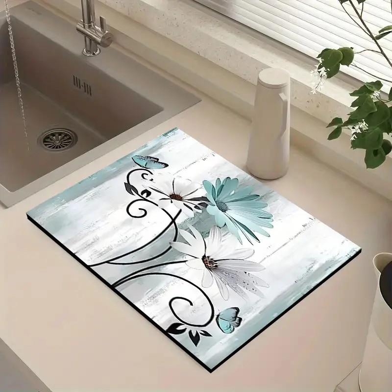 Rustic Floral Kitchen Counter Dish Drying Mat Super Absorbent Quick-Dry Non-Slip Rubber Backing Stain-Hiding for Coffee Machines