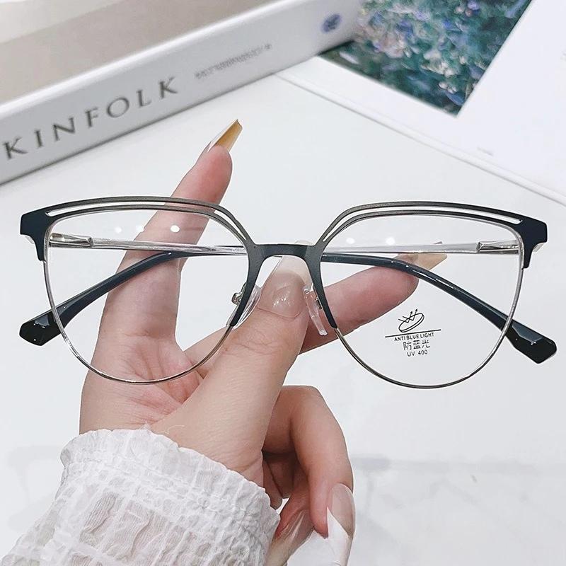 Latest Cat Eye Metal Framed Anti-blue Light Eyeglasses for Women's Simple Fashion Commuting Flat Mirror PC Goggles Whosale
