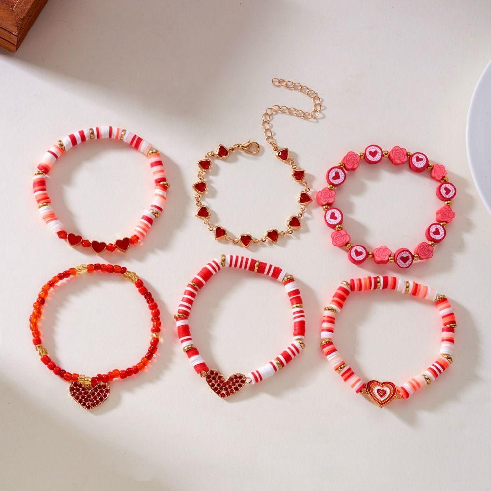 Letters Soft Clay Beaded Bracelet Red Beads Heart Pendant Hand Chain  New Year Gift