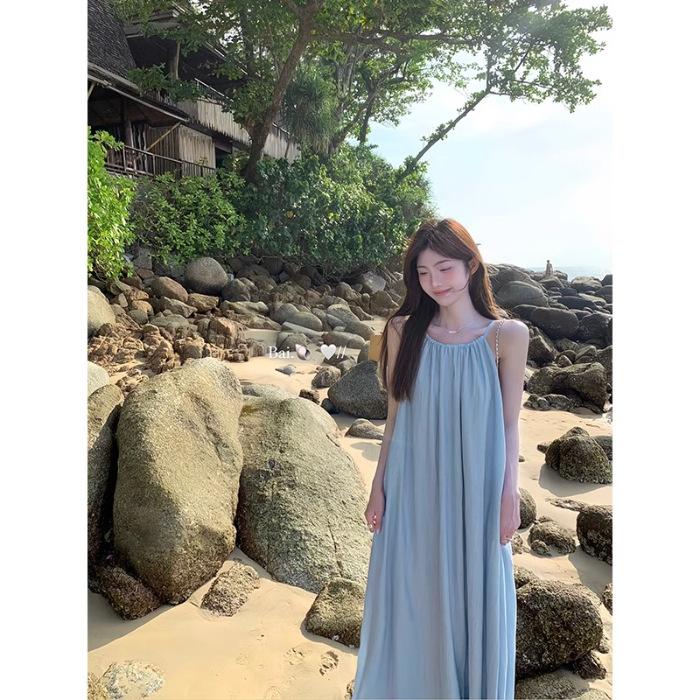 

[Shoulder strap adjustable + pockets] Pleated suspender dress, new summer lazy vacation style loose and long S синий