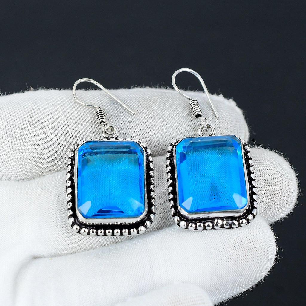 Náušnice s drahokamem Swiss Blue Topaz, Náušnice ze stříbra 925, Stříbrné náušnice Boho Jewelry, Náušnice Bohémské Dárky, Náušnice pro ženy