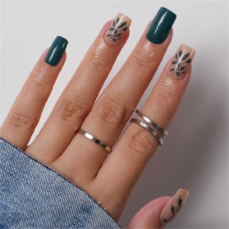 

Square Nail Tips Leaves Fake Nail Glues On Nail Stick On Nail Press On Nail Artificial False Nail for Womens and Girls 1