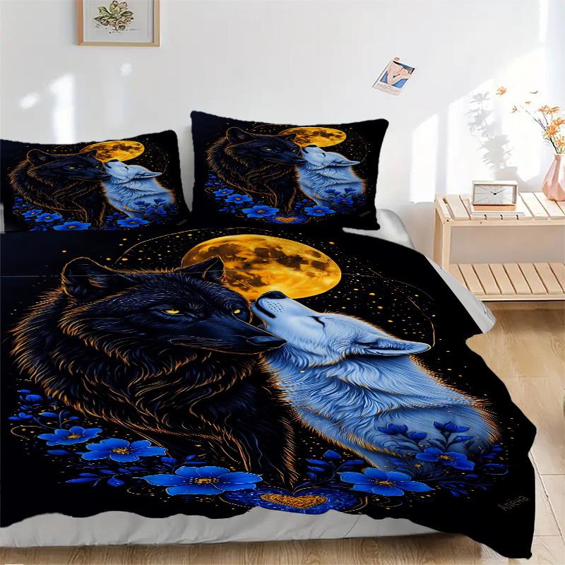 

3pcs Wolf Moon Night Flowers Duvet Cover Set - Includes 1 Duvet Cover and 2 Pillowcases, No Quilt Core, All-Season Home Decor yy251111074 135x200cm