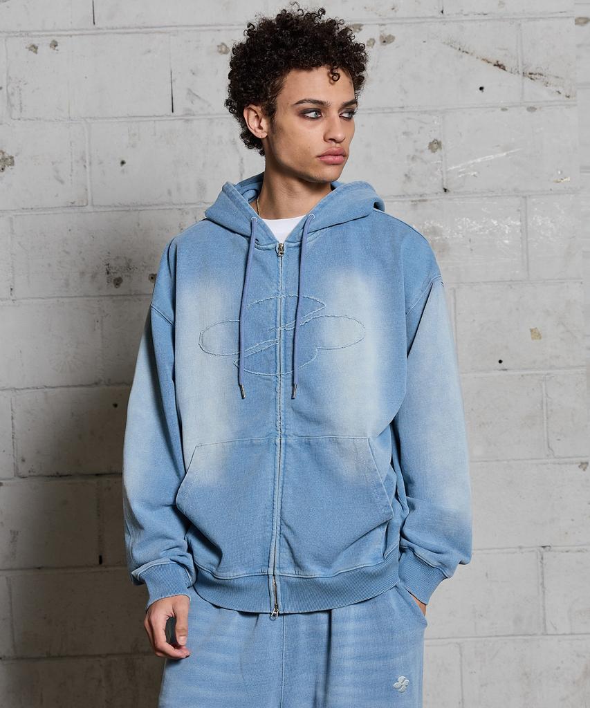 Hoodhood Clover Logo Applique Washed Denim Zip-Up Hoodie Light Blue