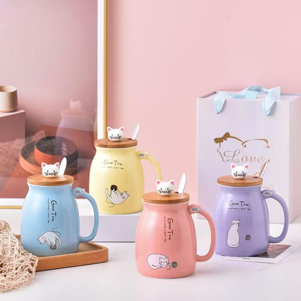 460ml Cartoon Ceramics Cat Mug with Lid and Spoon Handle Cute Cat Mug Coffee Milk Tea Mugs Breakfast Cup Drinkware Novelty Gifts