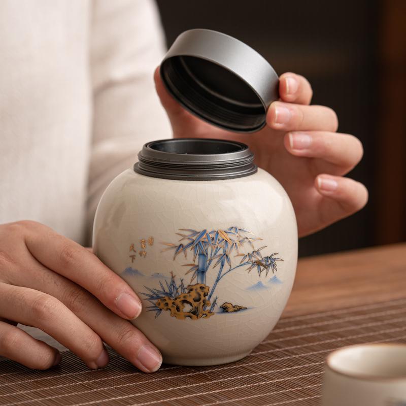 Ruyao Tea Pot Aluminum Alloy Lid Ceramic Sealed Pot Tea Bag Storage Box Tea Container Living Room Coffee Table Decorative Jar