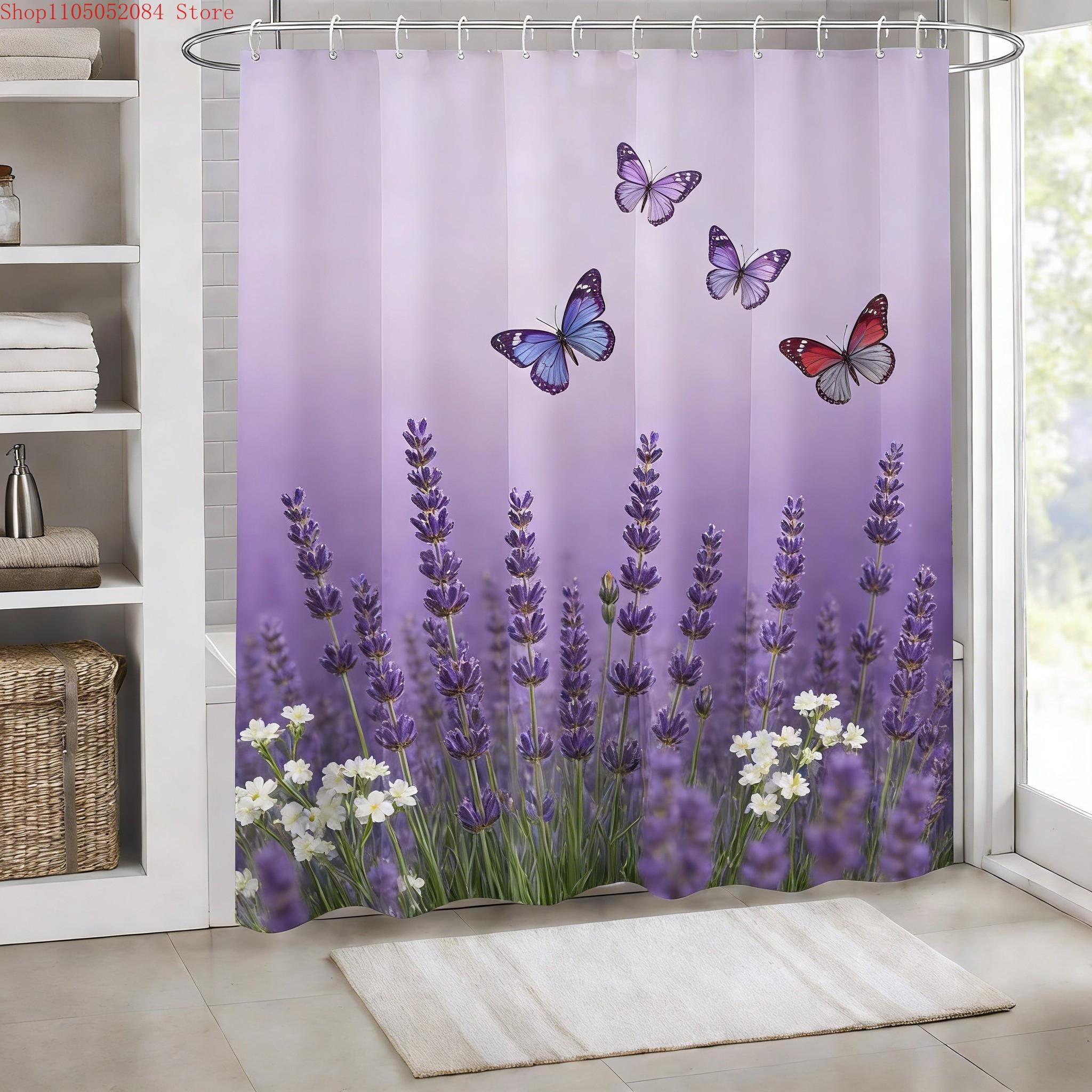 Annier Lavender & Butterfly Print Waterproof Shower Curtain For Bathroom Decor