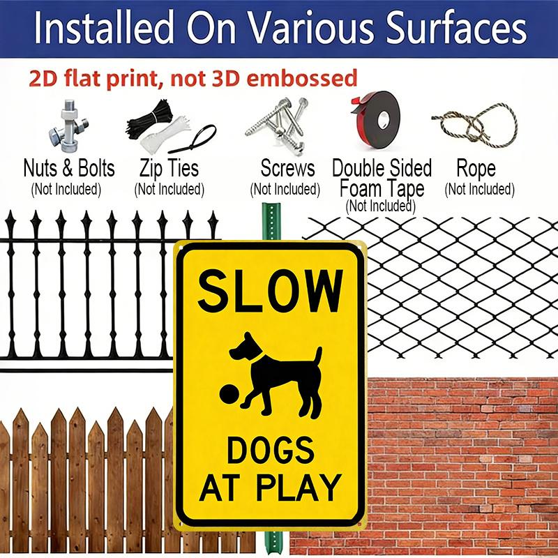 2D Flat, Slow Dogs At Play" Vintage Metal Yard Aluminum Sign, 8x12 Inch - Durable Outdoor Decor with Labrador Retriever Illustration for Home