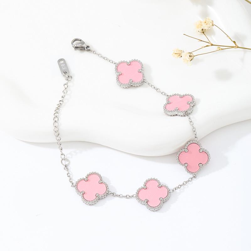 18K Gold Plated Mother-of-Pearl Four-Leaf Clover Jewelry Set: Bracelet, Necklace, Ring, Stud Earrings