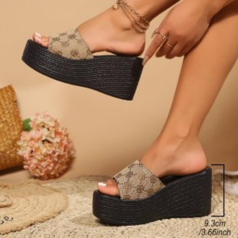 Autumn New Large Size Wedge Slippers Plum Blossom Denim Wedge Heel One-character with Slippers Women