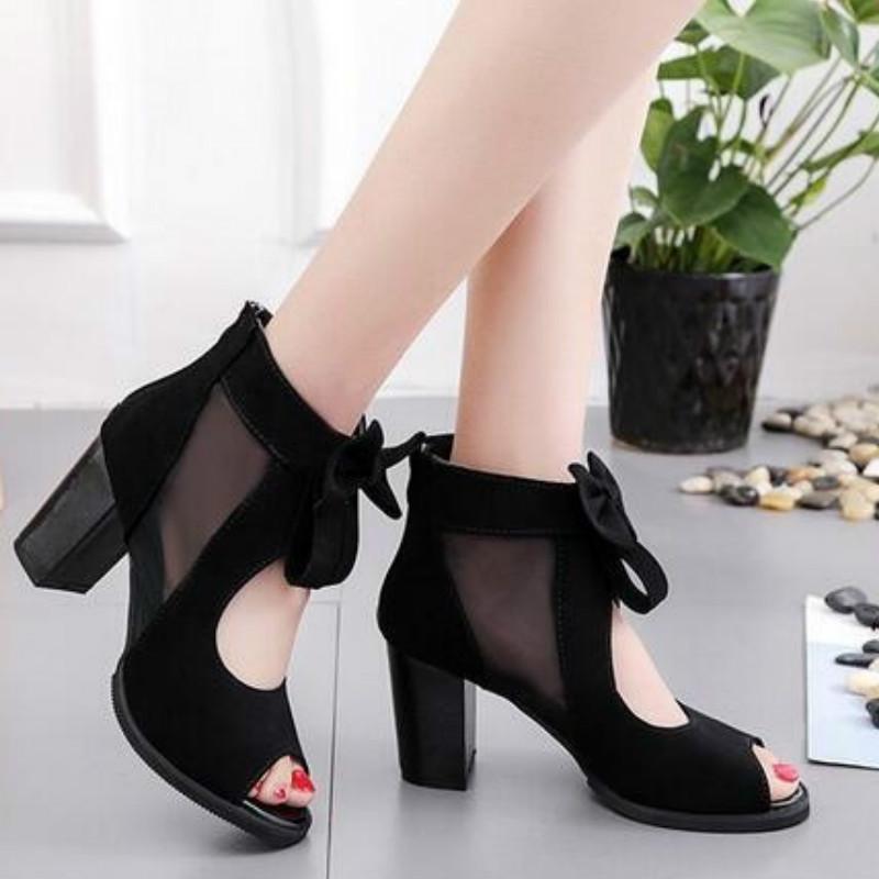 Kvinnor Loce Bowtie Dragkedja Chunky Heel Platform Skor Modepärlor Hollow Out Peep Toe Pumps