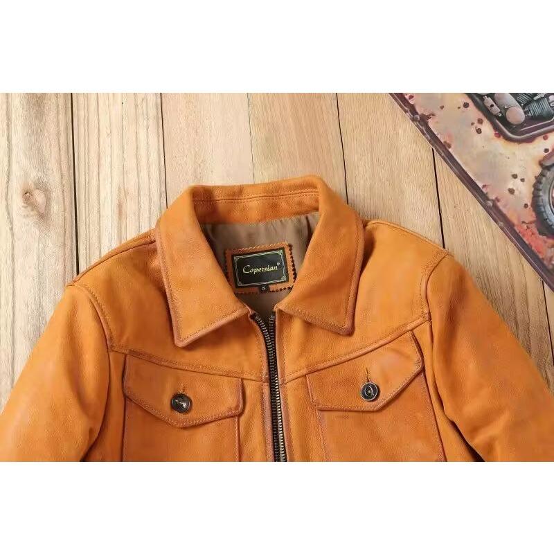 Chinese Size Uncoated Frosted Natural Cowhide Men Leather Jacket Soft Short Slim Fit Vintage Genuine Leather Coat Autumn