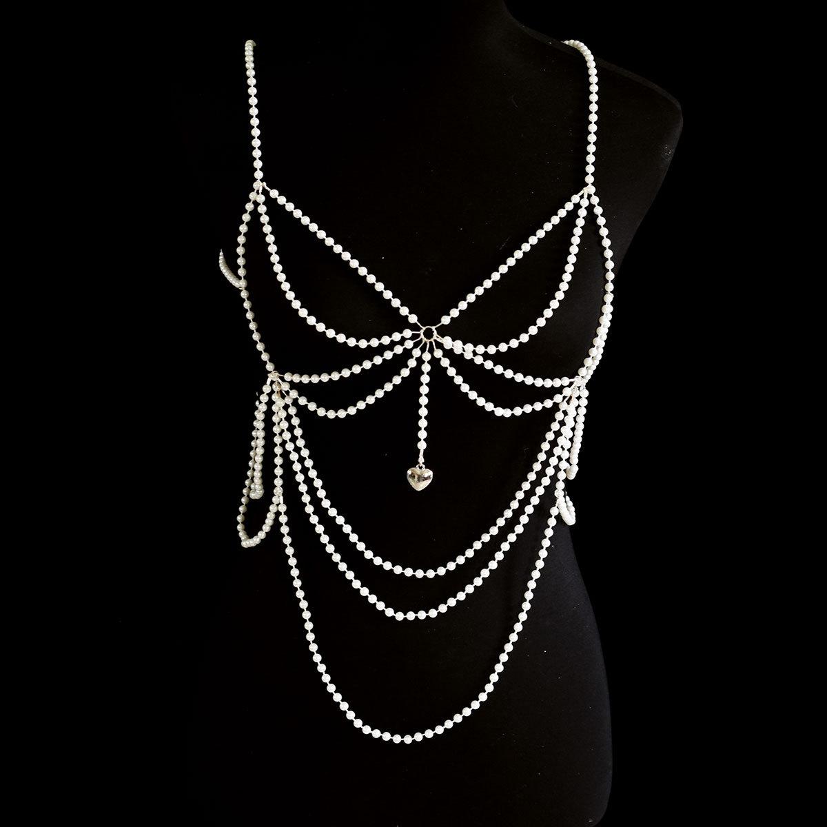Fashionable, gorgeous and elegant pearl body chain, versatile banquet and party chest chain, clothing accessories белый
