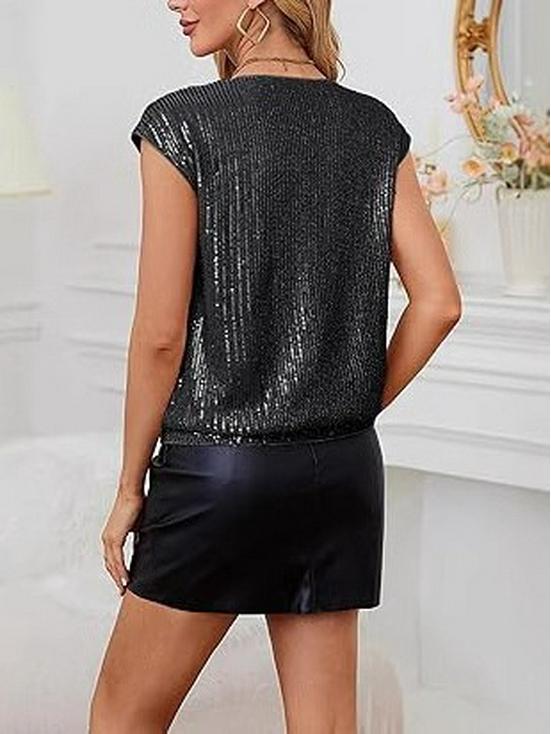 Women's Solid Color V-neck Raglan Sleeve Sequin Top