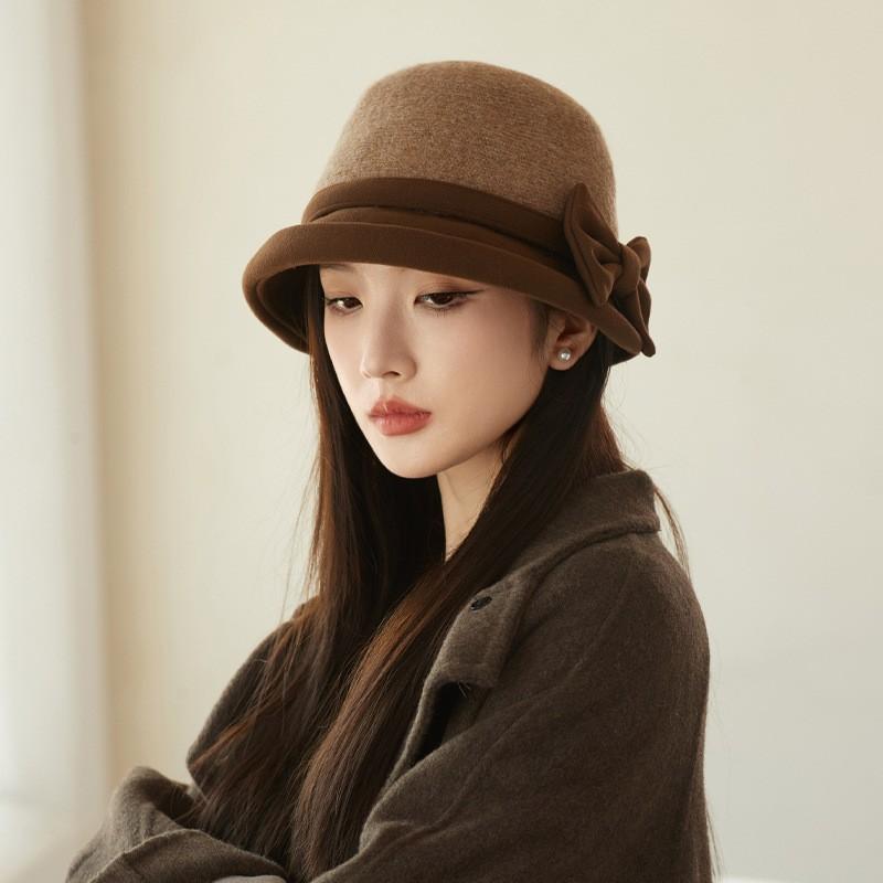 

Bow autumn and winter hat women s big head circumference shows small face temperament bucket hat retro versatile basin hat One Size