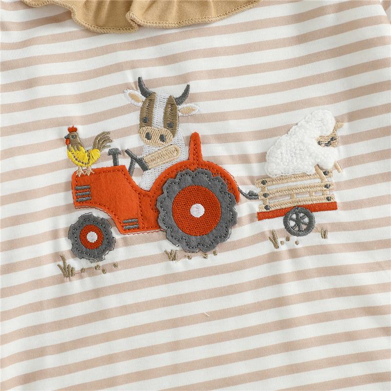 Newborn Baby Girl Fall Bubble Romper Stripe Print Strawberry Embroidery Long Sleeve Ruffled Round Neck Jumpsuit