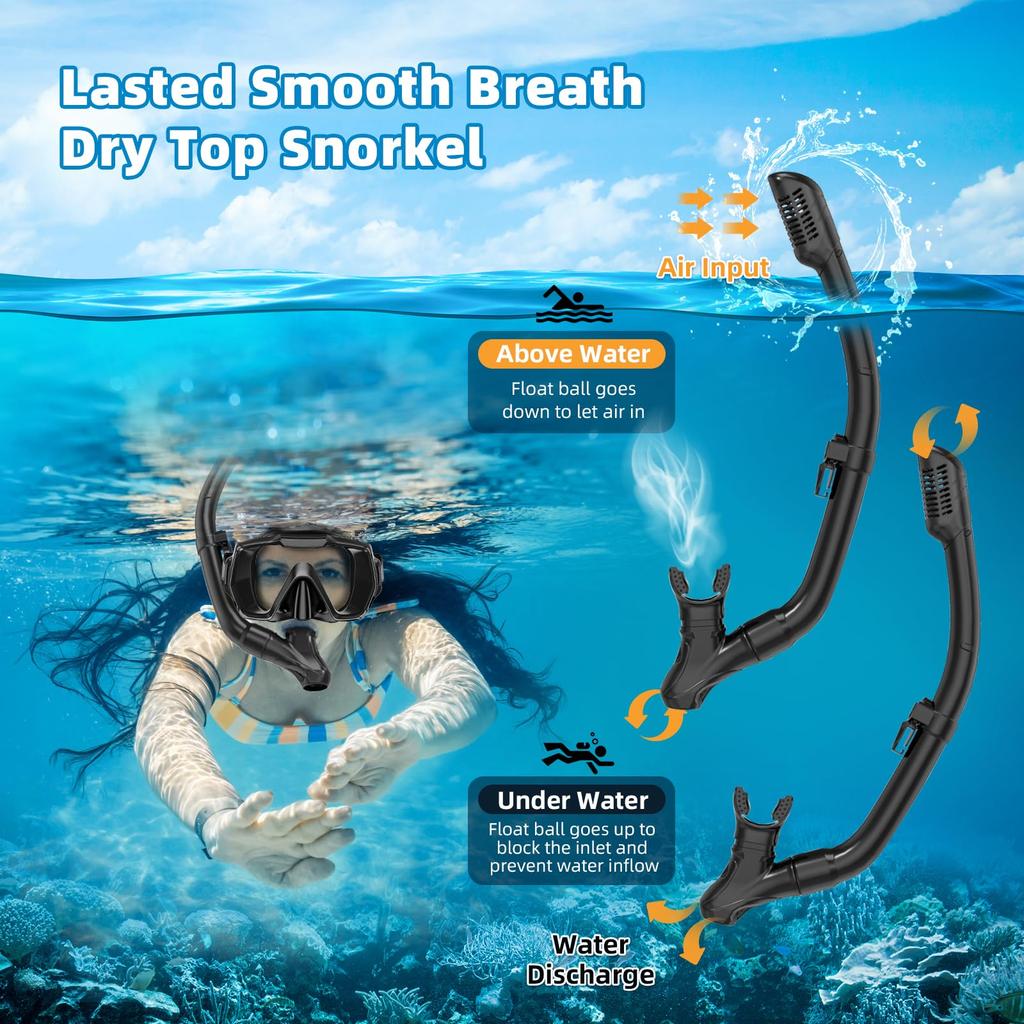 Adult Snorkel Set, Snorkeling Gear, Reinforced Glass Lens, Panoramic View, Swim Mask, Dry Top, Snorkel Kit, Swimming, Travel