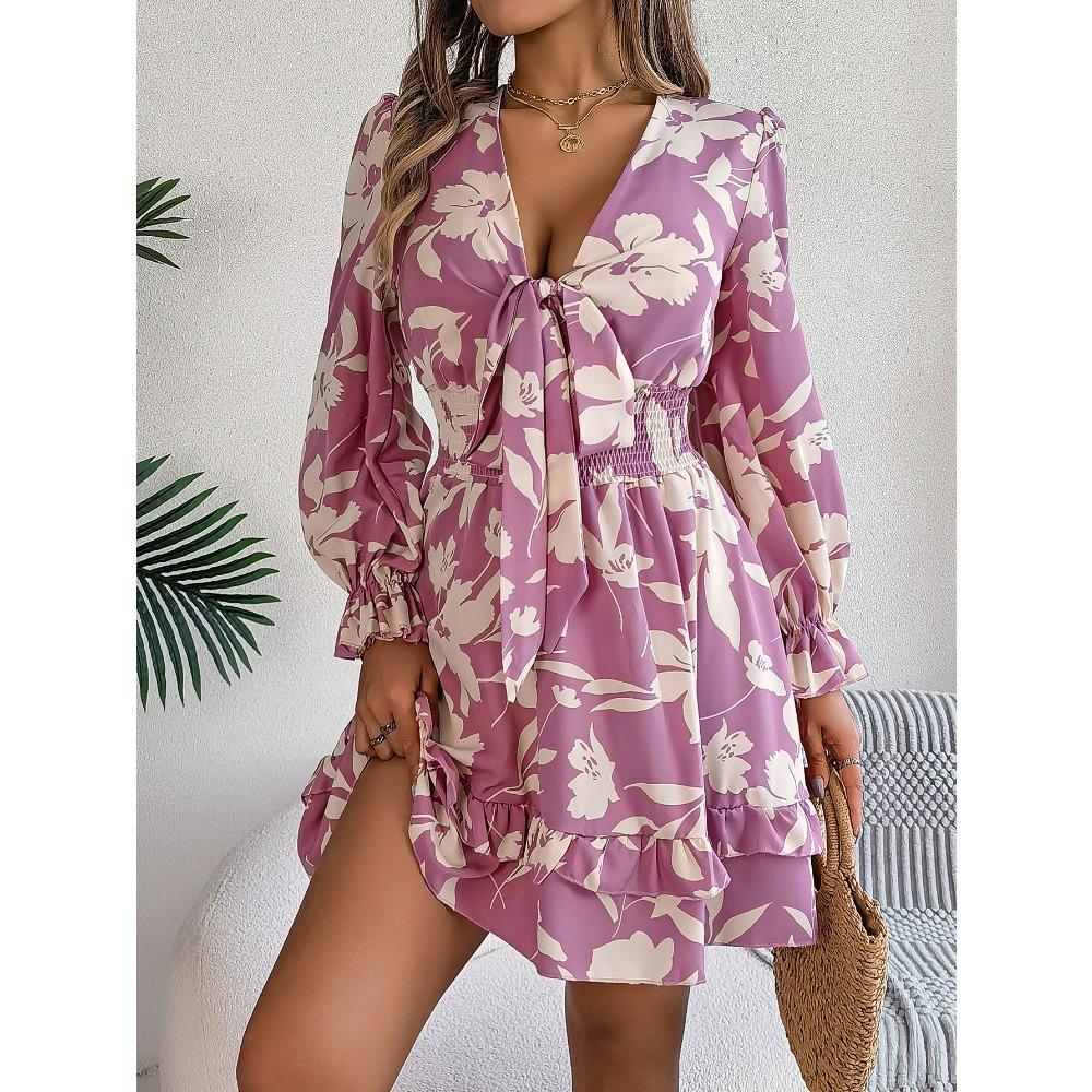 Women's Casual Floral Long Sleeve Wooden Earring A-line Dress Sexy Women's Floral Dresses