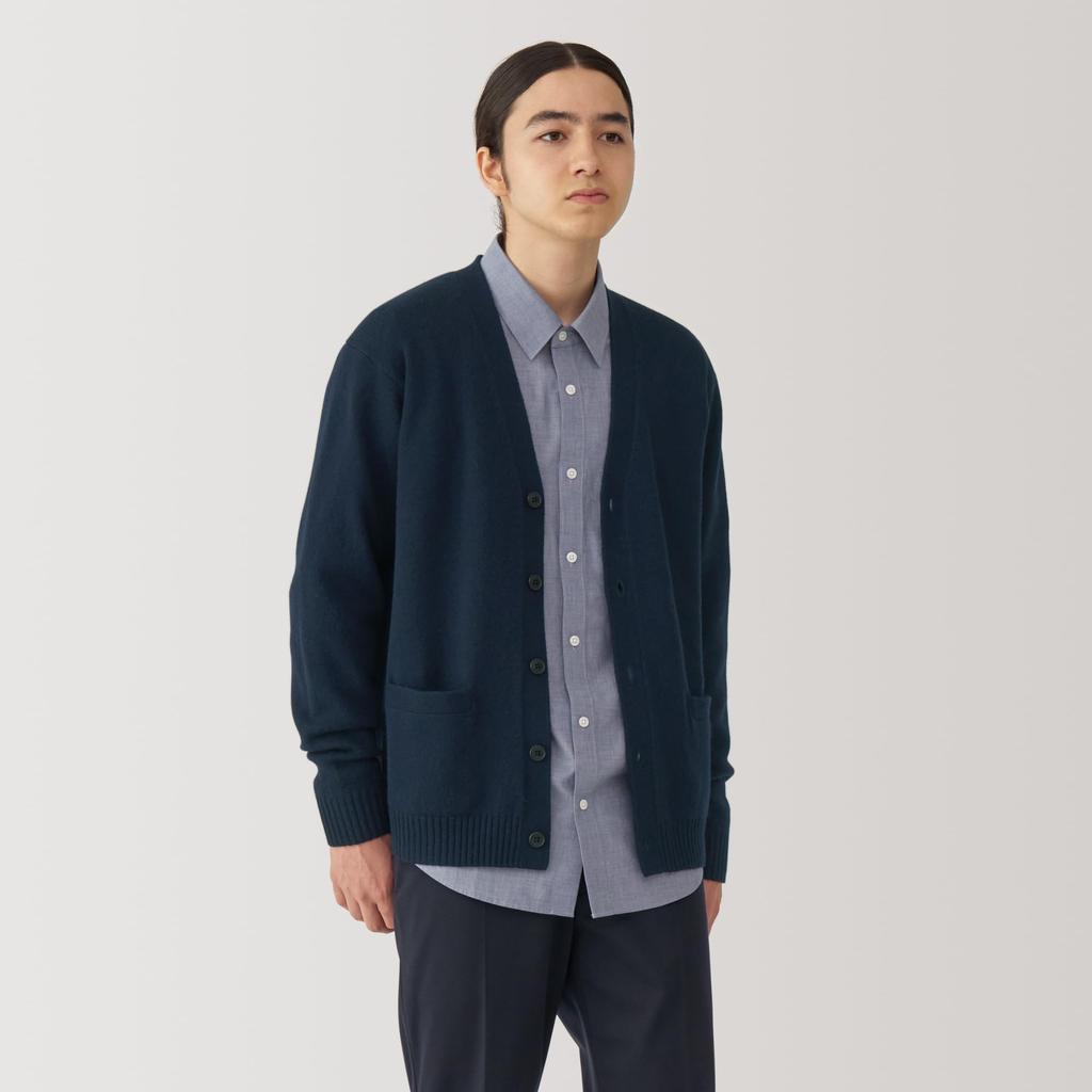 MUJI Men's Washable Wool Mid-Gauge V-Neck Cardigan, Dark Navy, Size AA0PHA4A, Size XS