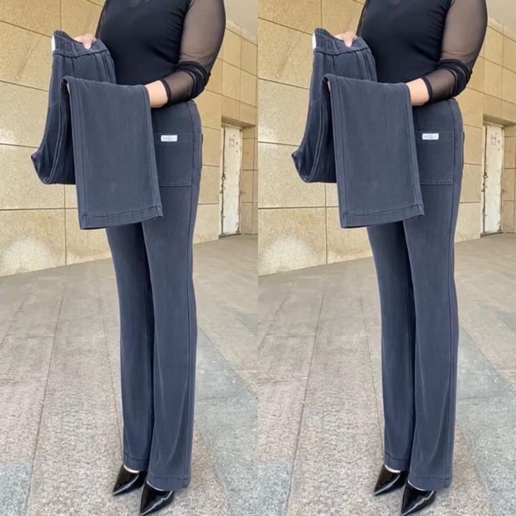 Dámské kalhoty s vysokým pasem z ledového hedvábí s rovnými nohavicemi – Měkký, opraný denim s elastickým splývavým materiálem pro volný, módní vzhled, který omlazuje