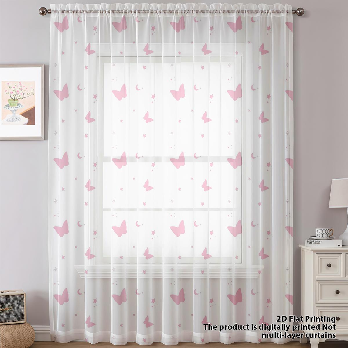 

Dreamy Girl Heart Butterfly Moon Star One Piece Window Curtain Rod Included Sweet Atmosphere Decorative Curtains Sheer Made Of Polyester W100*H70(CM)-Rod Pocket&1PCS