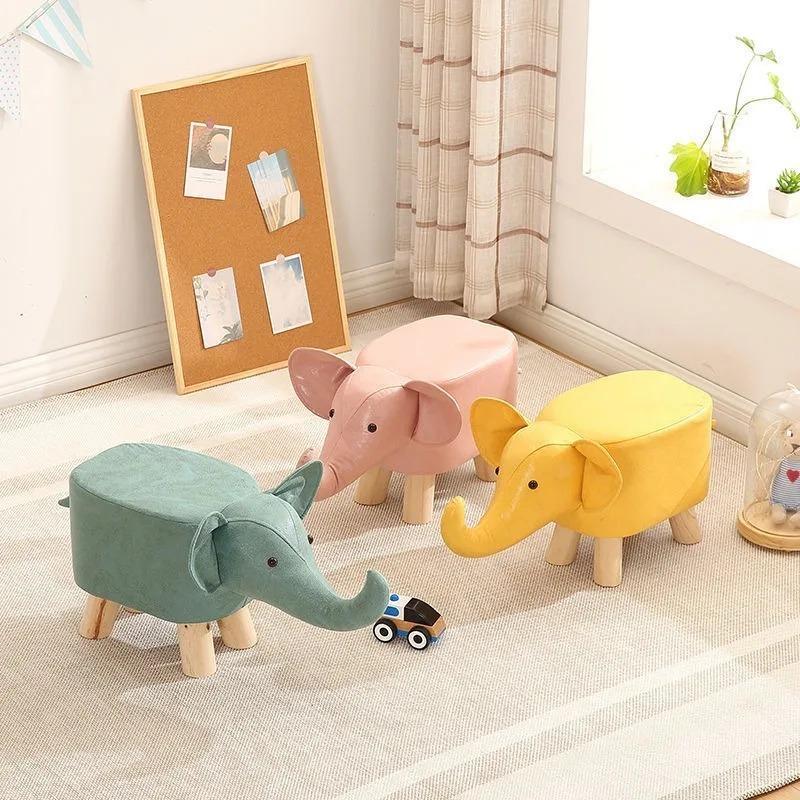 Solid Wood Stool Cartoon Animal Elephant Stool Home Living Room Fashionable Creative Durable Leather Footstool Home Decoration
