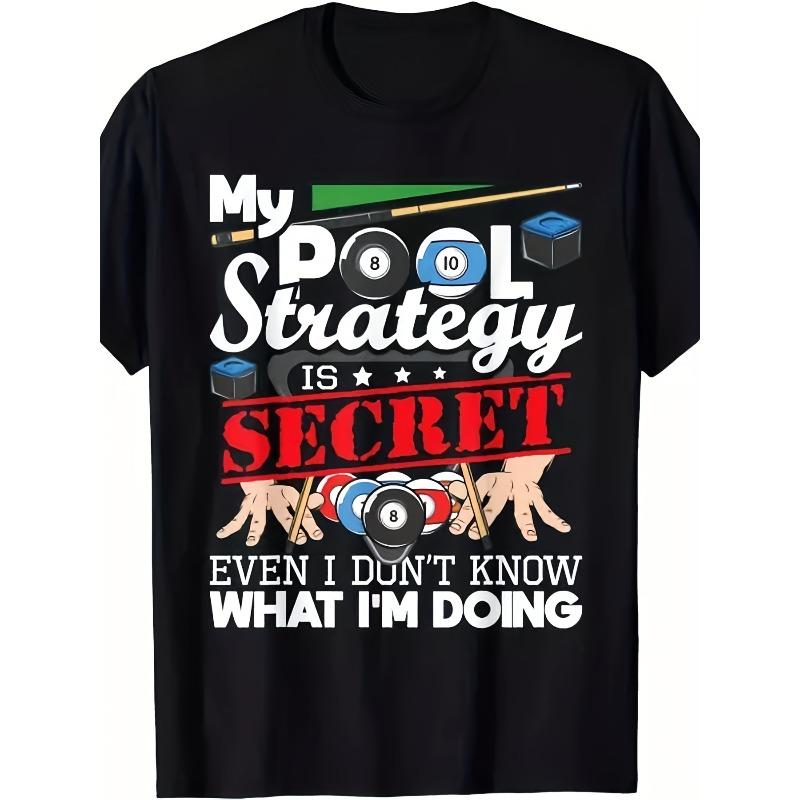 

European sizes Men s Funny 8 Ball Pool Billiards T-Shirt - Retro My Pool Strategy Is Secret Graphic Tee with 8-Ball Design S чёрный