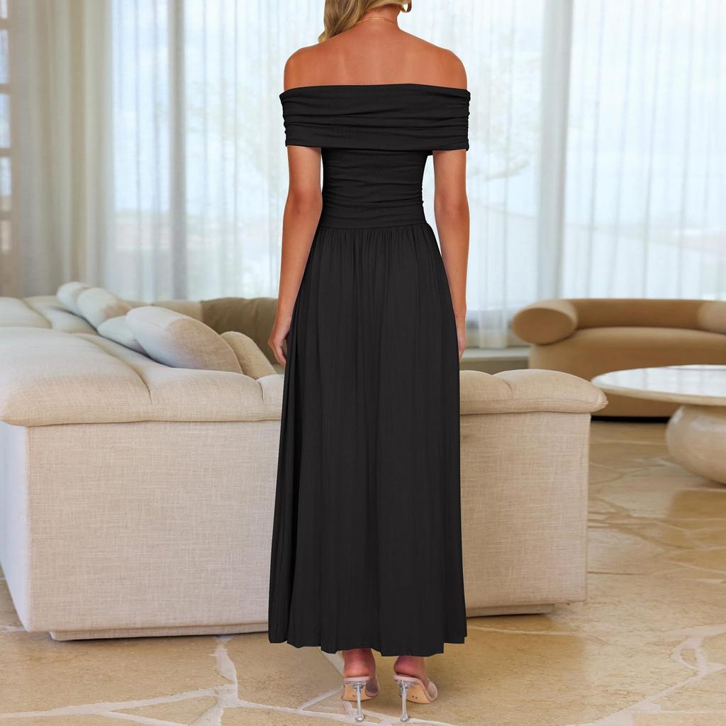 Damen Einfarbiges Ein Schulter Tasche Ärmellos Trägerloses Langes Kleid