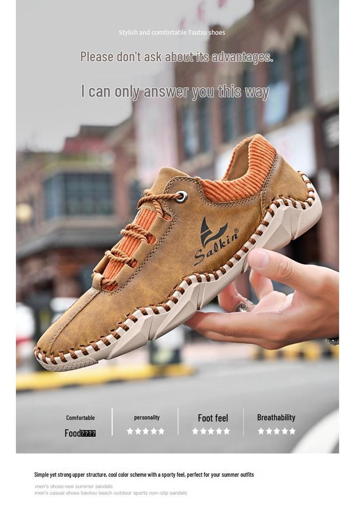 Spring 2022 Men's Casual Leather Moccasins - Fashionable, Sock-Style, Large Size, Handmade Shoes