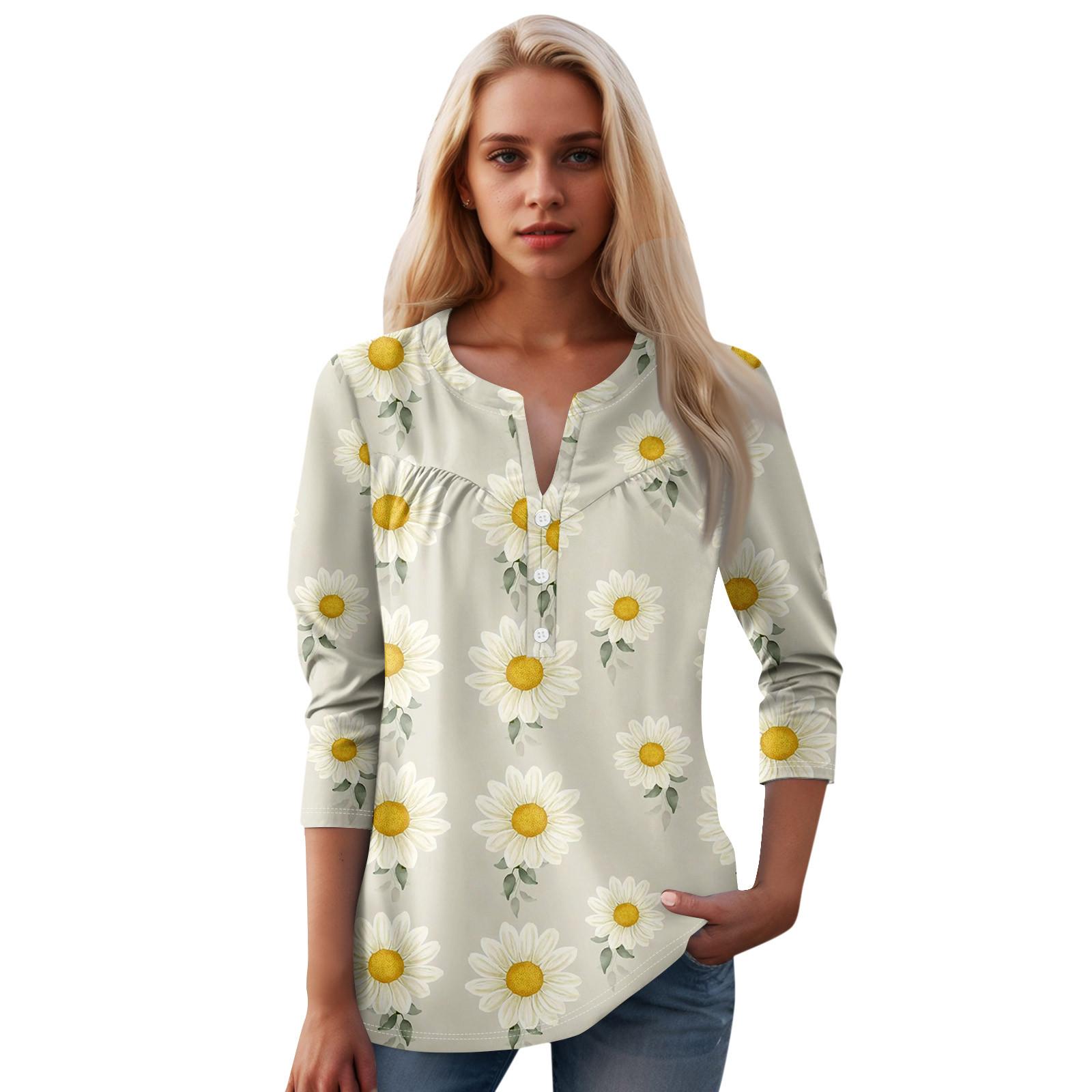 

Женская мода повседневный топ с длинным рукавом и круглым вырезом с цветочным принтом XL хаки