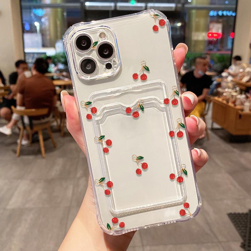 Card Holder Cherry Phone Case For iPhone 13 Funda iPhone 11 16E 16 14 15 Pro Max 12 XR X Xs 7 8 Plus SE Shockproof Silicon Cover