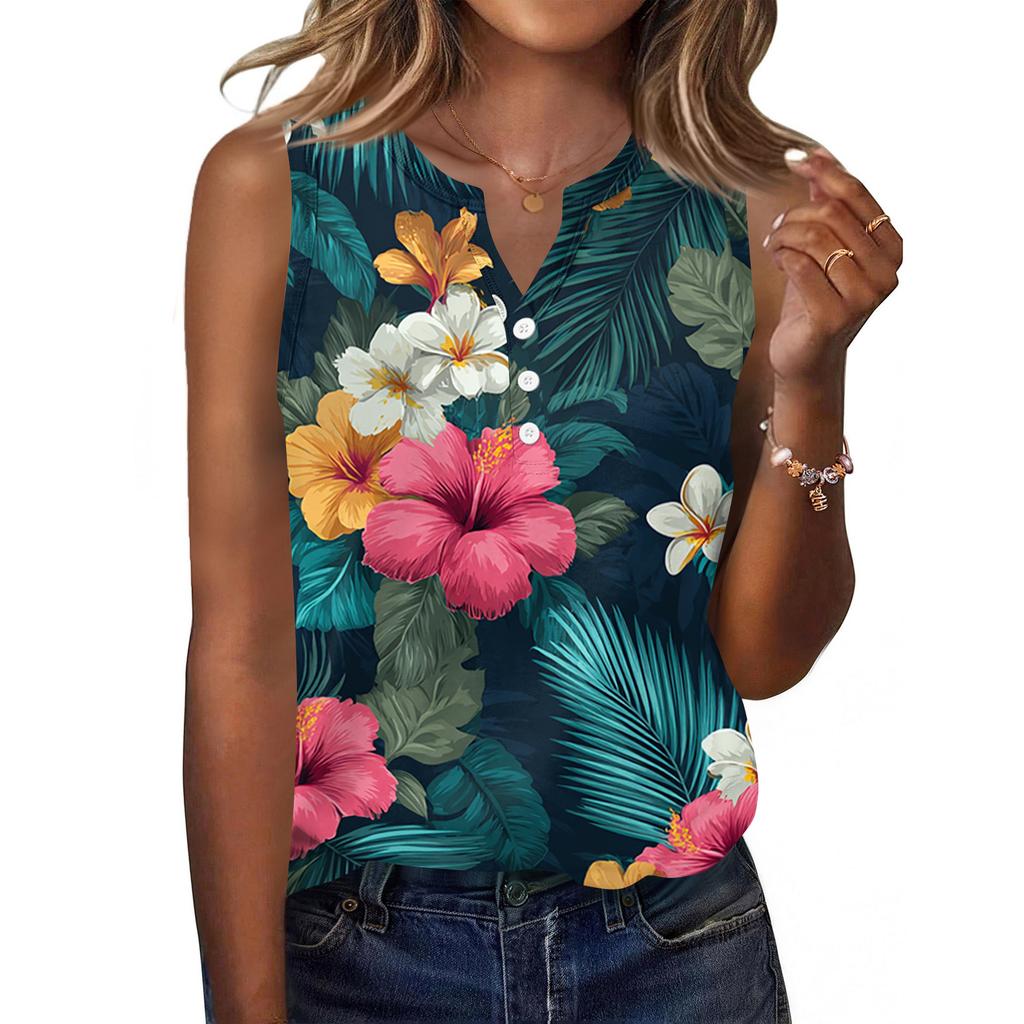 Women's Fashionable Casual Hawaiian Print Sleeveless Button Vest Top