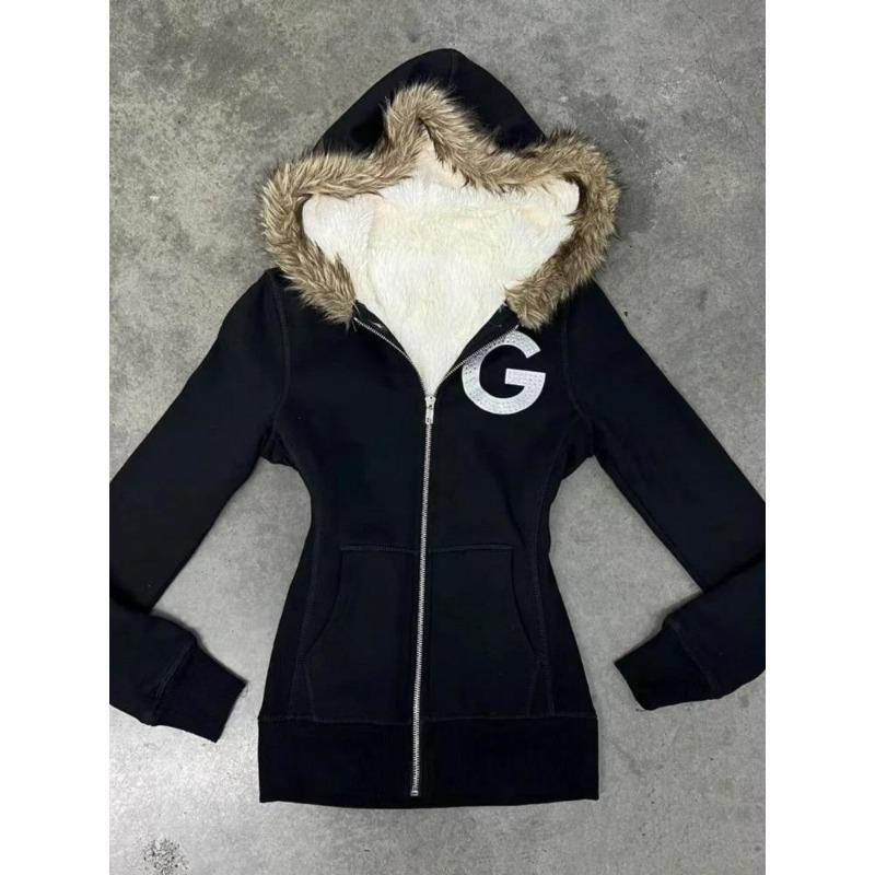 2KWEIRD Vintage Letter Fur Collar Hooded Sweatshirt Autumn Winter Zipper Y2K Retro Fleece Jacket Harajuku Embroidery Plush Dark Fashion
