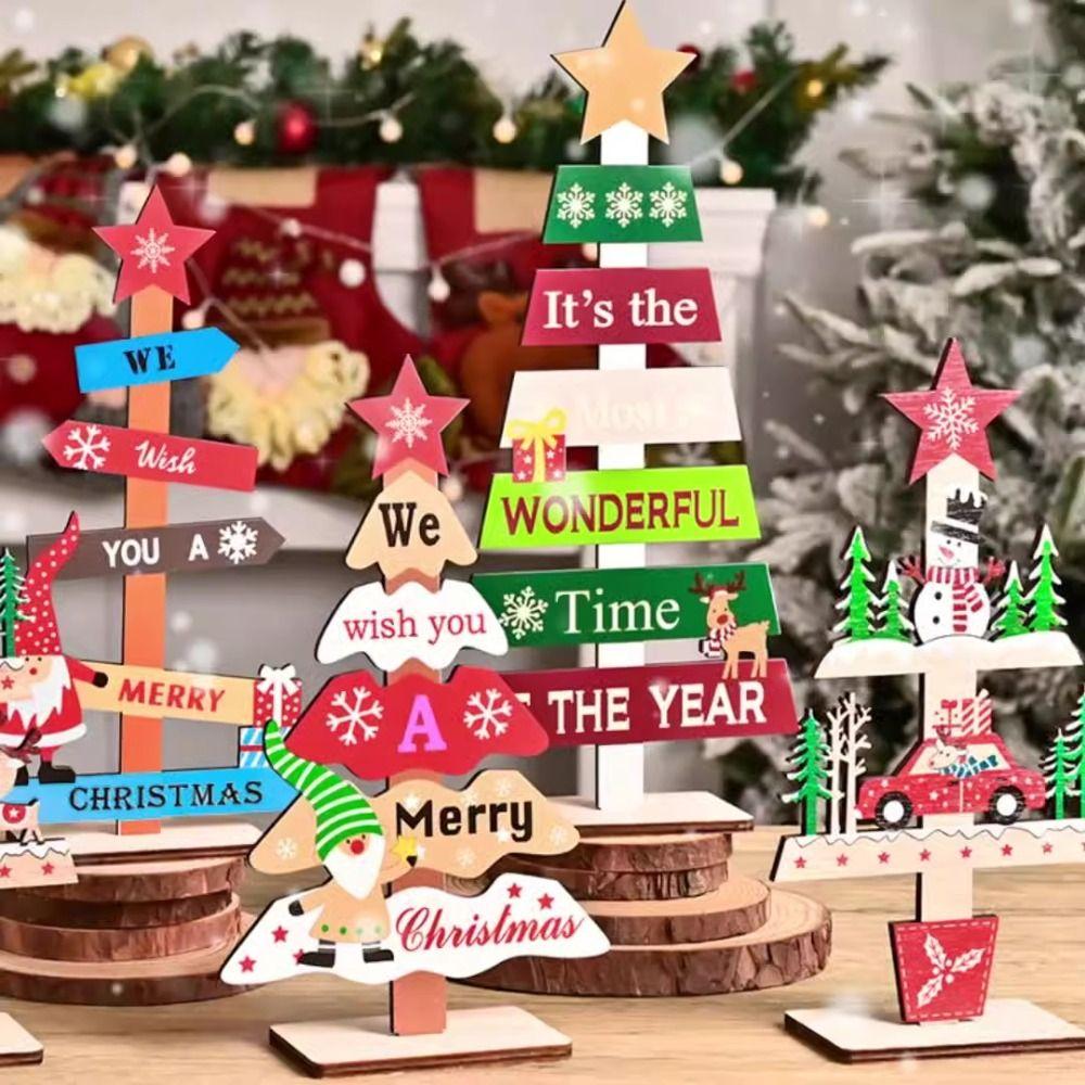 2pcs Cute Desktop Centerpieces Wood Christmas Signs Christmas Tree Ornaments Set Tabletop