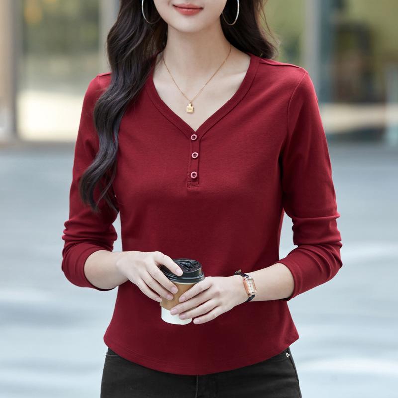 

Осенняя женская однотонная модная универсальная футболка с V-образным вырезом и длинными рукавами 3XL темно-красного
