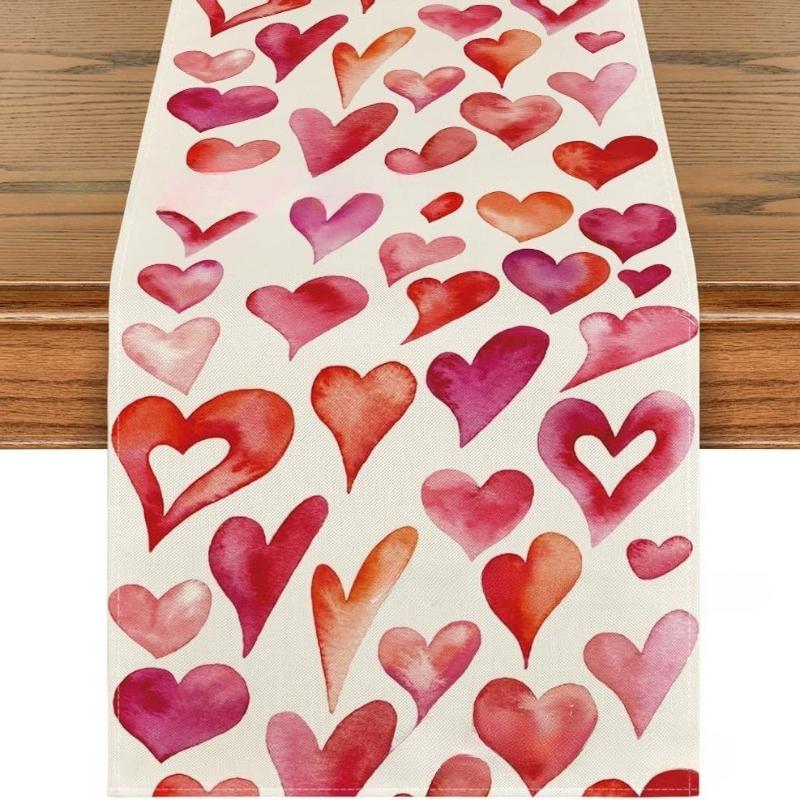 1pc Valentine's Day Love Heart Linen Table Runner Reusable Kitchen Dining Dresser Scarf Party Home Decor Table Cloth