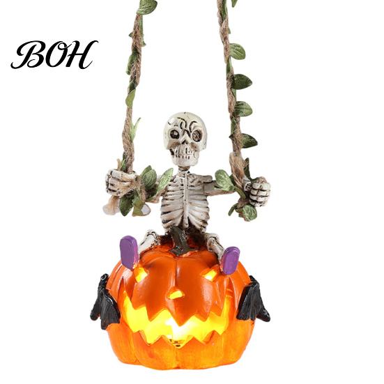 Halloween Skeleton Ornament Swing with Lighted Pumpkin, Light-up Ornament, Figurine Hanging Statue for Indoor Front Porch Decor Resin Bone