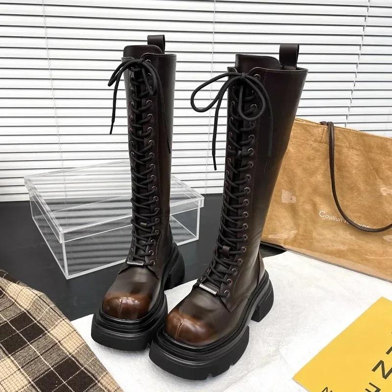 Modne damskie wysokie buty sznurowane z przodu, wysokie, rurkowe, na środku, z grubą podeszwą, modne buty, jednokolorowe, okrągłe, na platformie, buty do pracy
