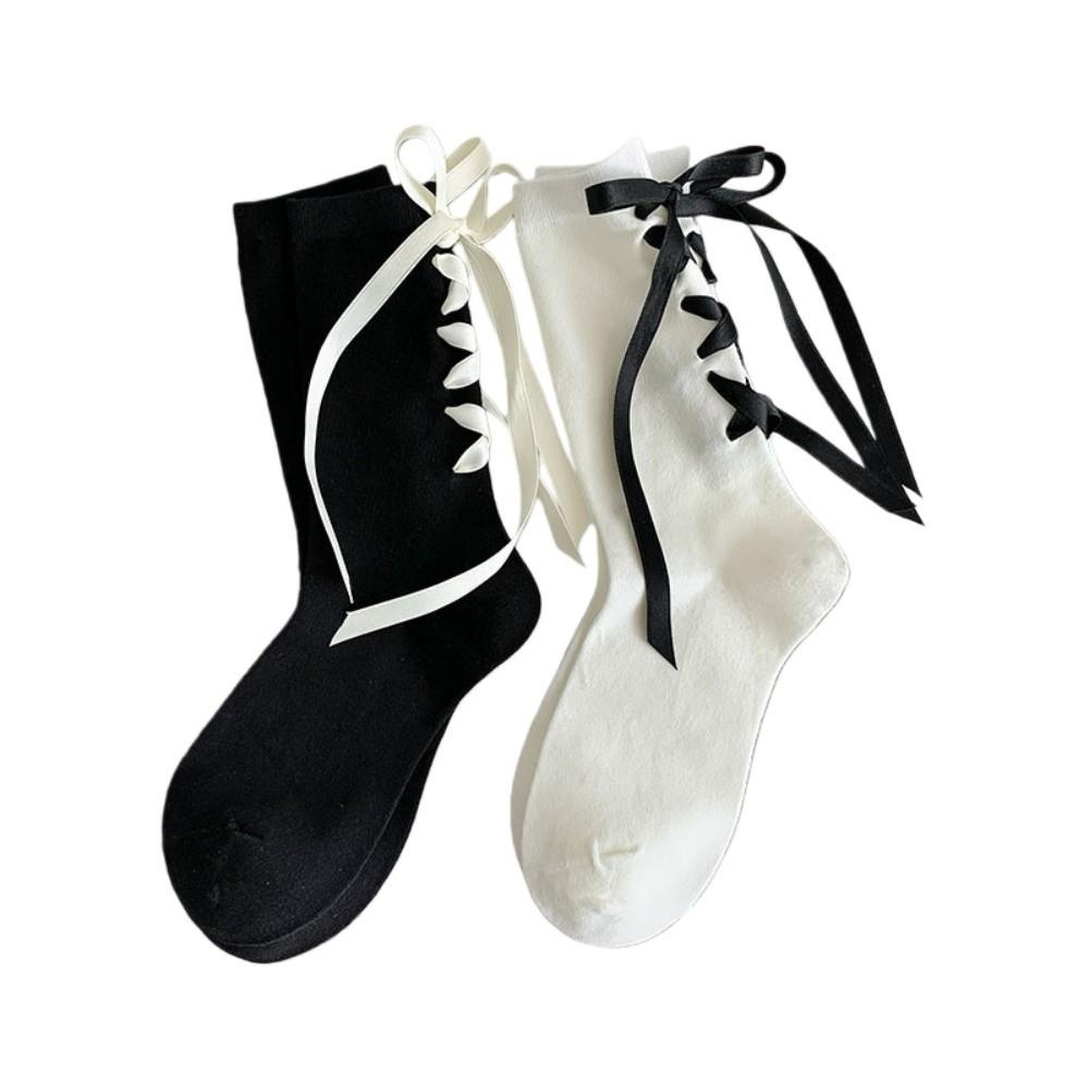 Cotton Japanese JK Bow Socks Thickened Comfortable Cute Warm Socks Black White Versatile Strap Bow Tie Stockings