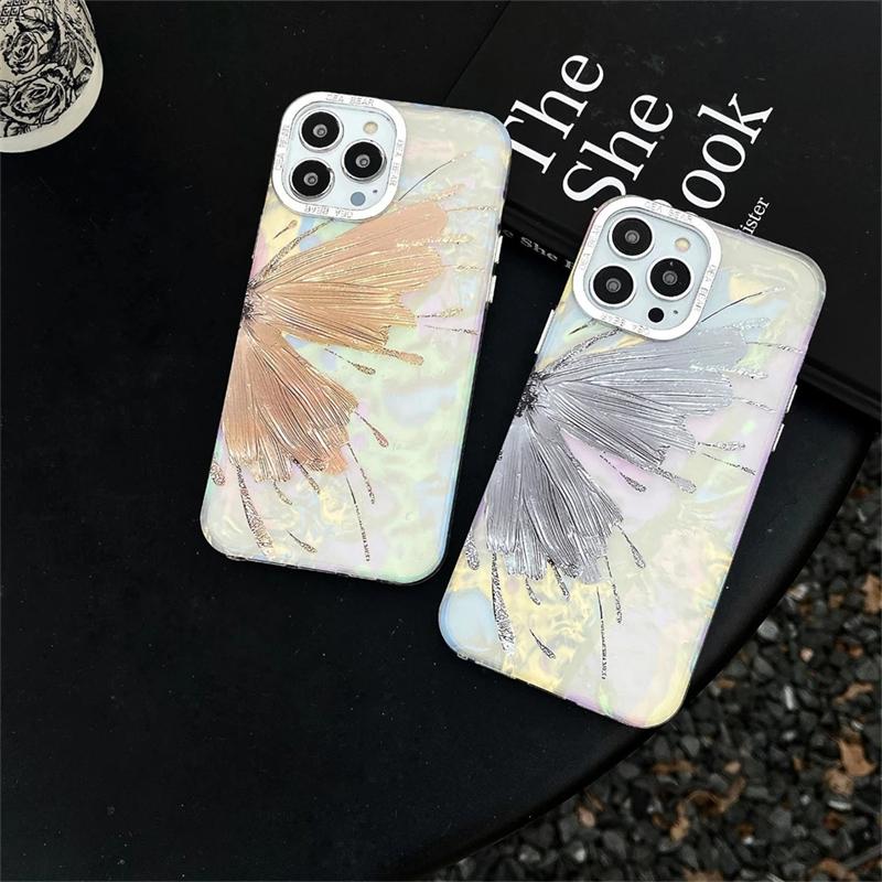 Koreansk Luksus Plating Glitter Butterfly Shell Mønster Telefonveske For iPhone 15 14 13 12 Pro Max 11 Lens Protective Bumper Cover
