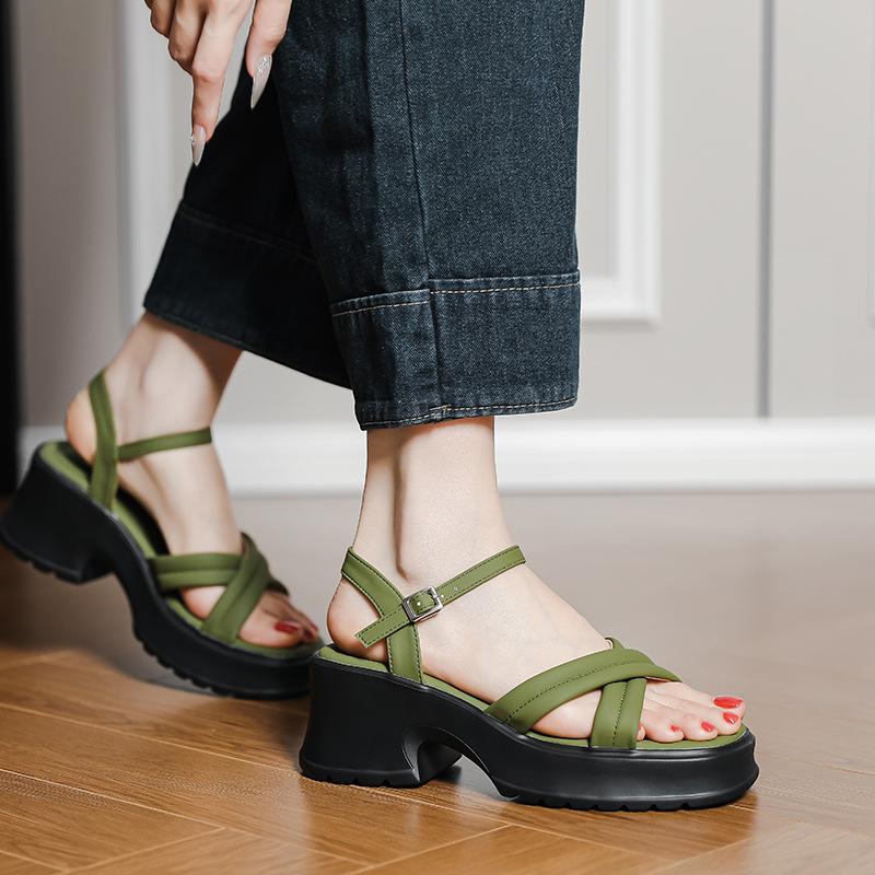 Not Tired Feet Increase Height, Soft Thick Bottom Summer New Wide Strip Cross Belt One-word Buckle Muffin Roman Sandals Women