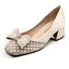 Size 35-43 Women Wedding Pumps Med Heel Square Toe Office Lady Shoes Pearls Diamonds Bowknot Decoration Party Shoes