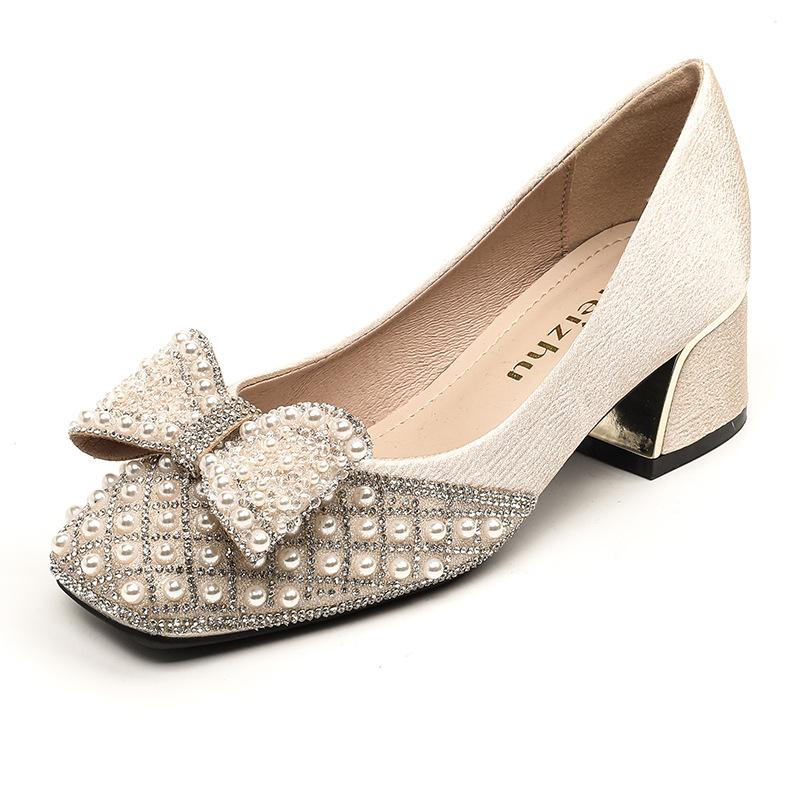 Size 35-43 Women Wedding Pumps Med Heel Square Toe Office Lady Shoes Pearls Diamonds Bowknot Decoration Party Shoes