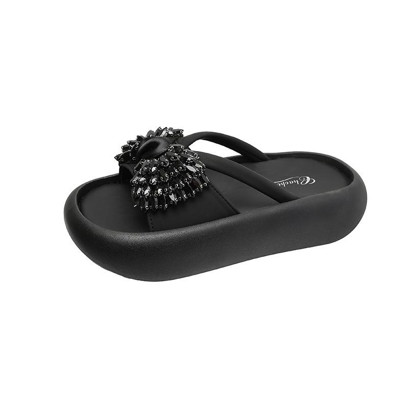 Thick-bottomed Cool Slippers Women's New High-end Sequined Bows In Summer 2025 Korean Style Fashion Outer Slippers